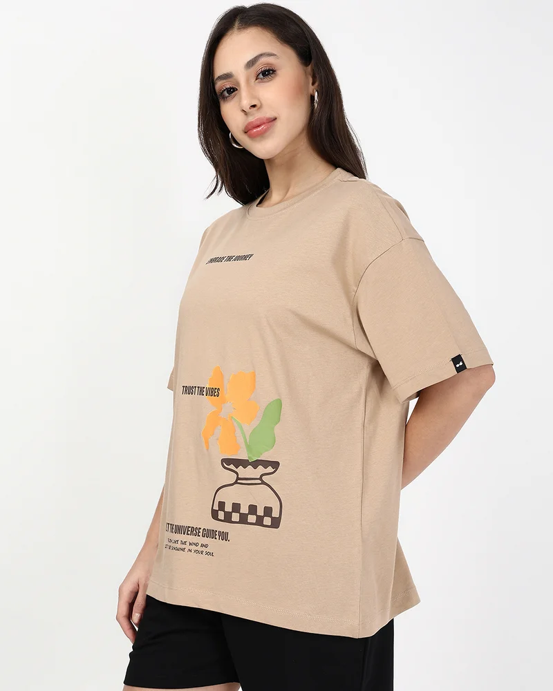 bewakoof Women's Ginger Root Brown Endless Graphic Printed Oversized T-shirt